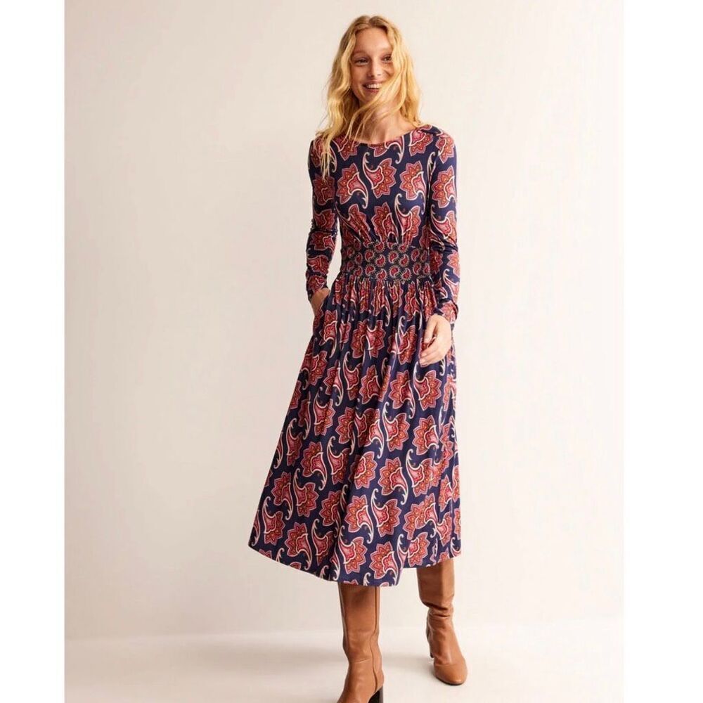 Boden Women's 12P Thea Long Sleeve Midi Dress in French Navy Paisley Amaryllis